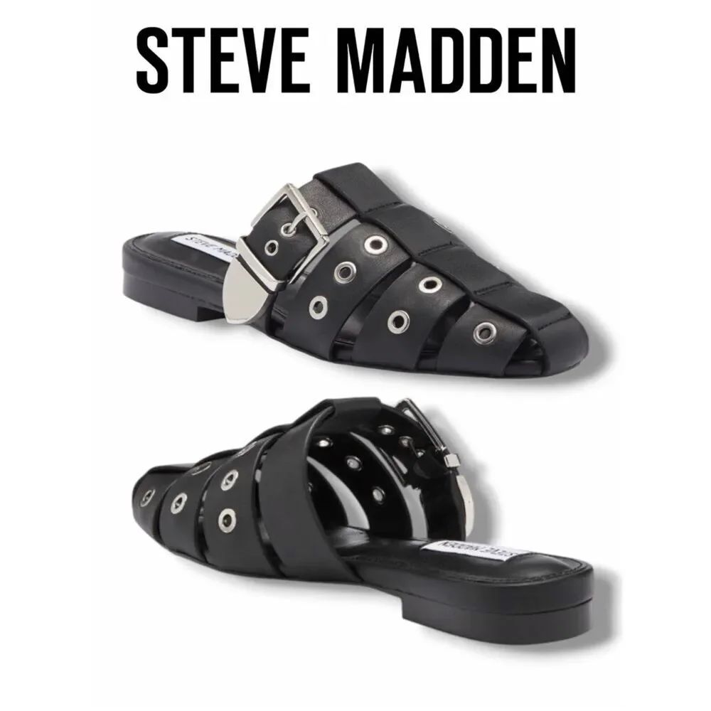 Steve Madden Women’s Black Leather Buckle & Grommet Slide Mules in the Size 9
